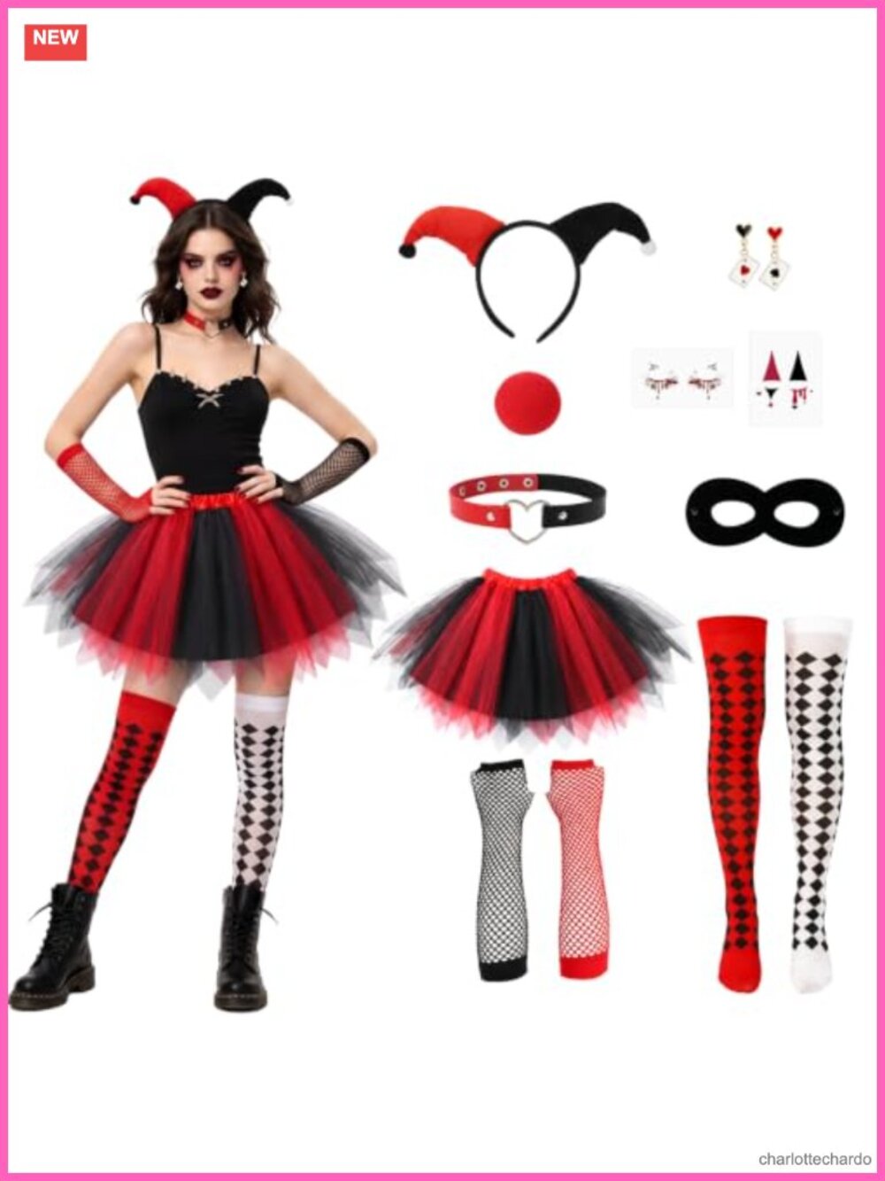 JATEBI Halloween Clown Costume Set Tutu Skirt Fishnet Gloves Women